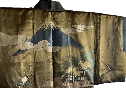 Haori japonais homme soie noire Mitsugi Montsuki Fuji San & Kayabuki