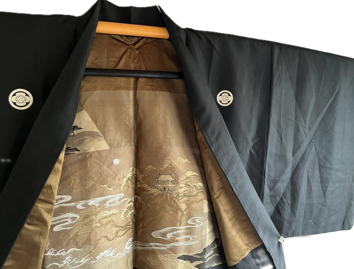 Haori japonais homme soie noire Mokkou Montsuki Château Céleste « Takeda-jō »