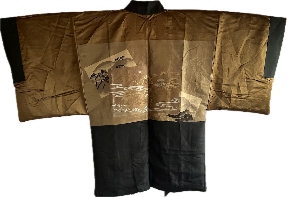 Haori japonais homme soie noire Mokkou Montsuki Château Céleste « Takeda-jō »