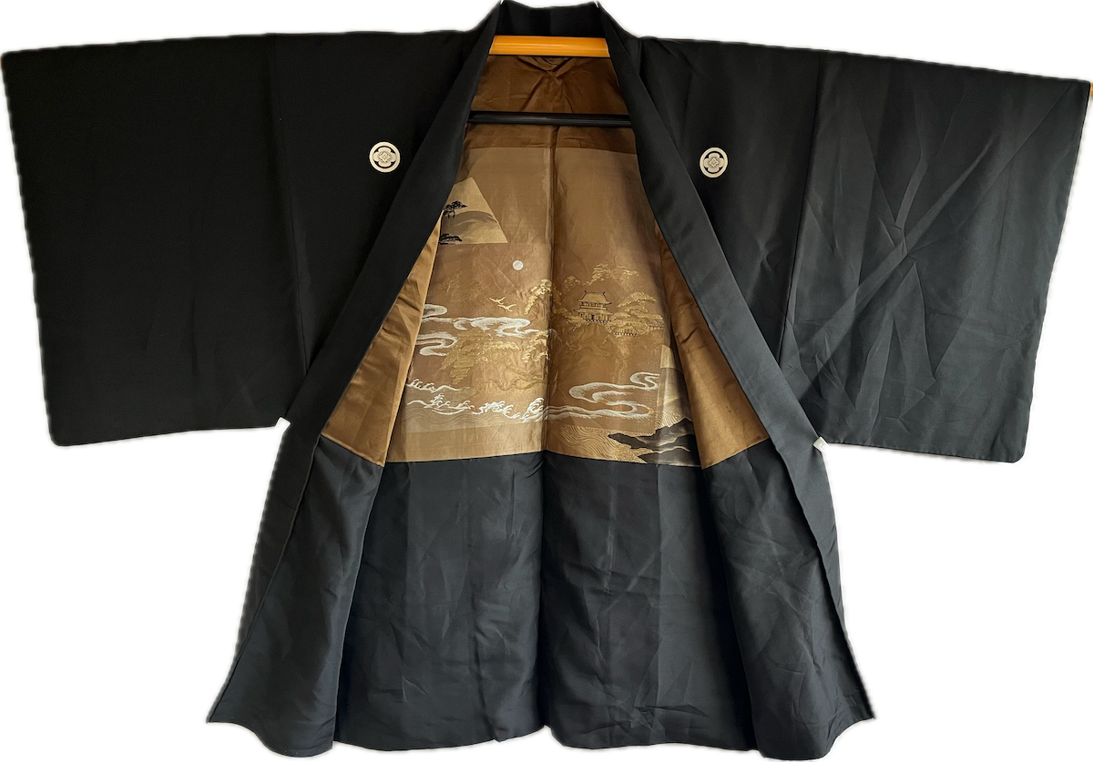 Haori japonais homme soie noire Mokkou Montsuki Château Céleste « Takeda-jō »