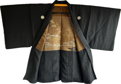 Haori japonais homme soie noire Mokkou Montsuki Château Céleste « Takeda-jō »