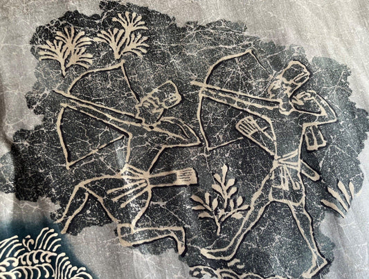 Haori japonais homme soie noire Montsuki Mitsukashiwa – scène de chasse