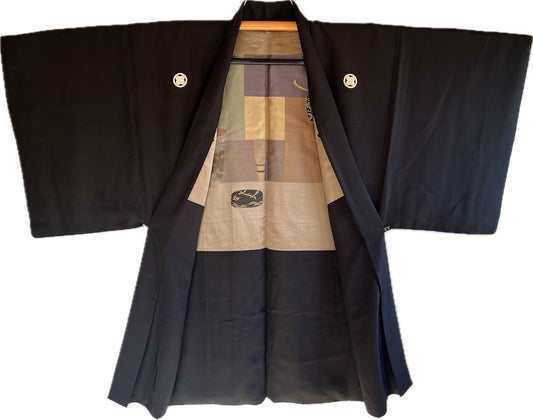 Haori japonais homme soie noire Takanohane Montsuki Cérémonie du Thé SADO