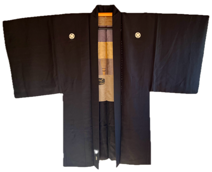 Haori japonais homme soie noire Takanohane Montsuki Cérémonie du Thé SADO