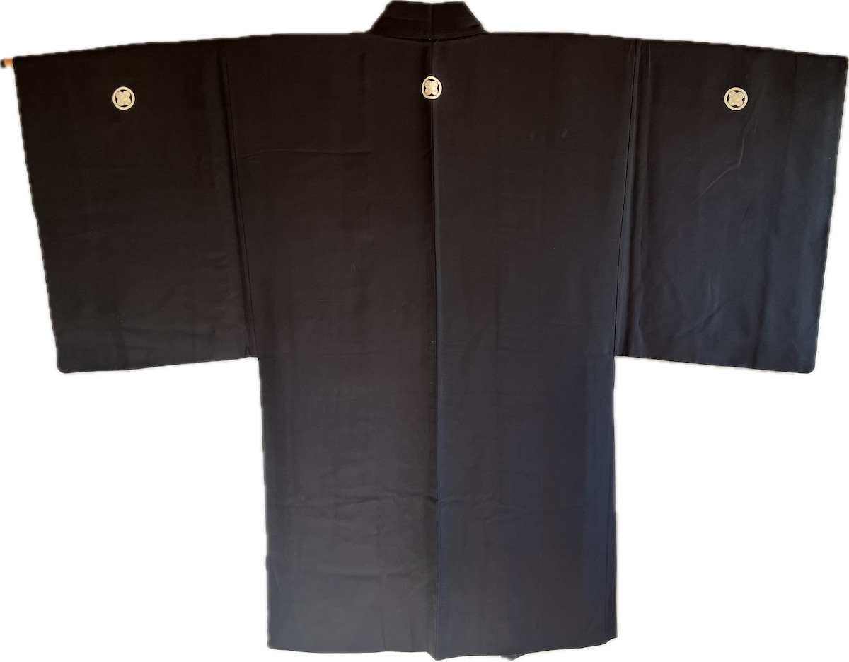 Haori japonais homme soie noire Takanohane Montsuki Cérémonie du Thé SADO
