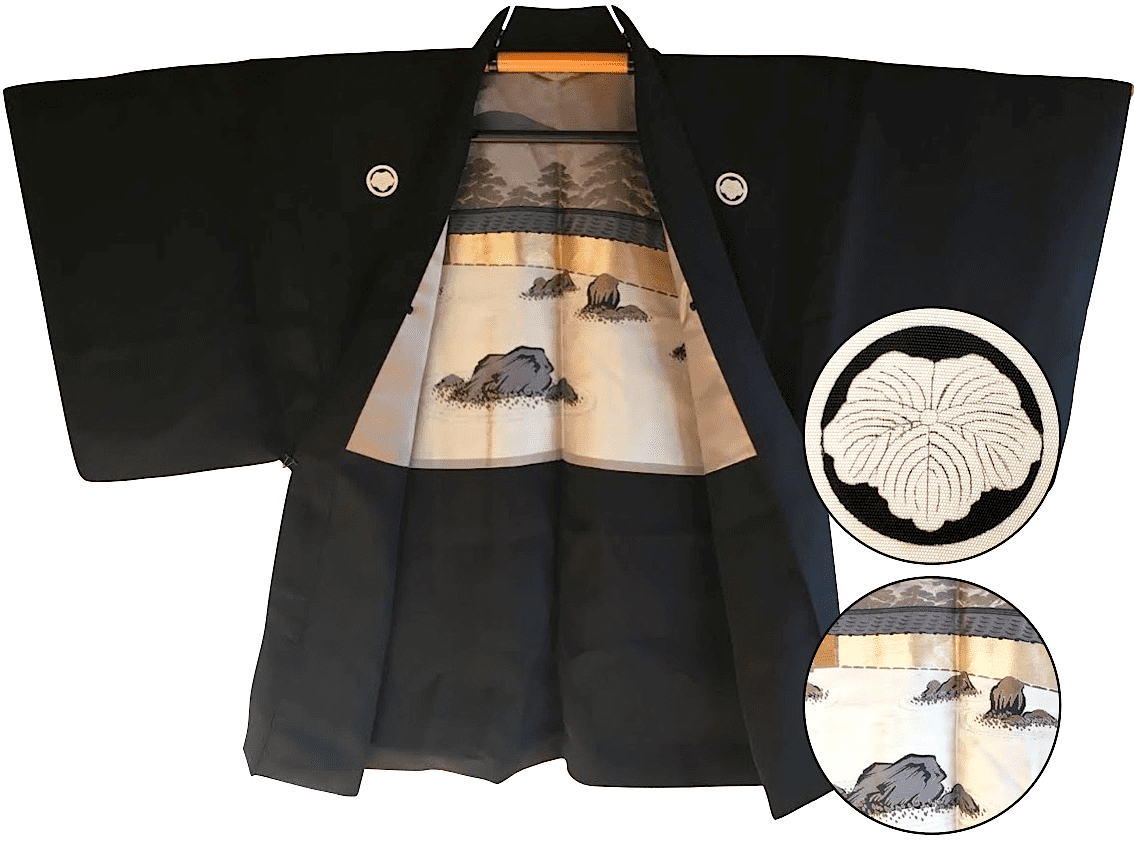 Haori japonais homme soie noire Tsuta Montsuki Jardin Zen Ryoanji Kyoto