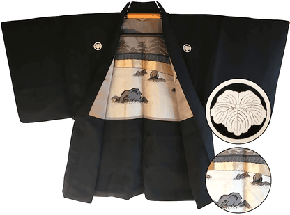 Haori japonais homme soie noire Tsuta Montsuki Jardin Zen Ryoanji Kyoto