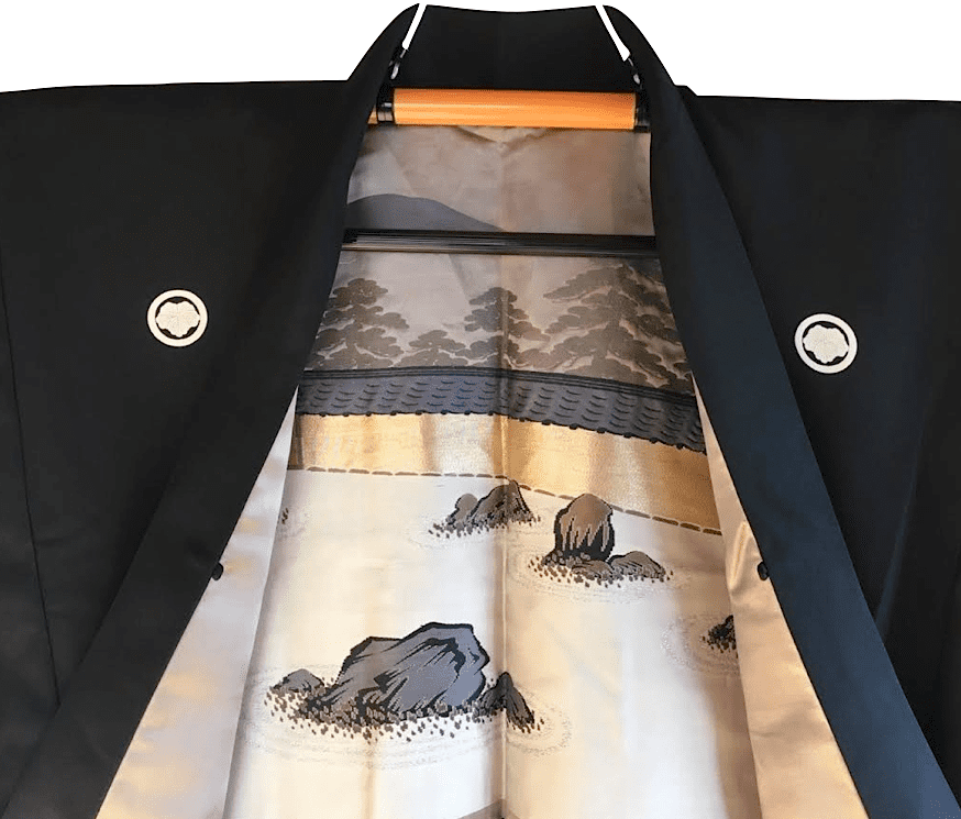 Haori japonais homme soie noire Tsuta Montsuki Jardin Zen Ryoanji Kyoto