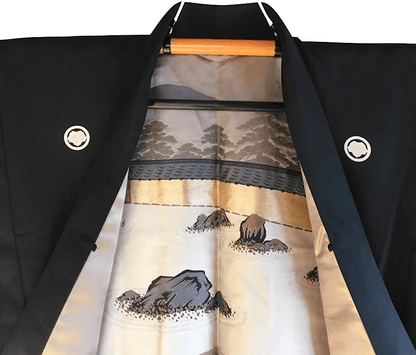 Haori japonais homme soie noire Tsuta Montsuki Jardin Zen Ryoanji Kyoto