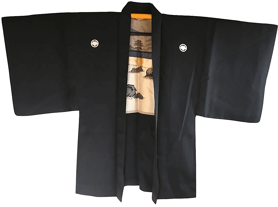 Haori japonais homme soie noire Tsuta Montsuki Jardin Zen Ryoanji Kyoto