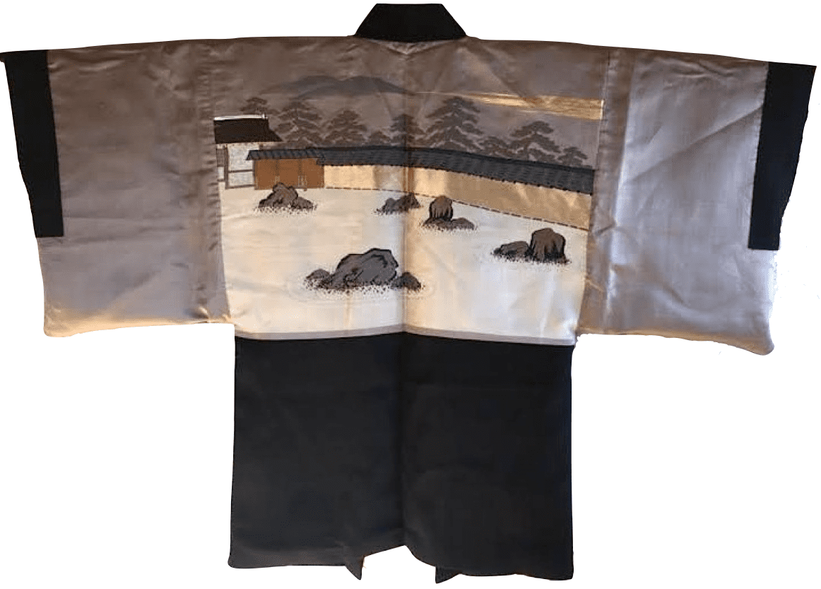 Haori japonais homme soie noire Tsuta Montsuki Jardin Zen Ryoanji Kyoto
