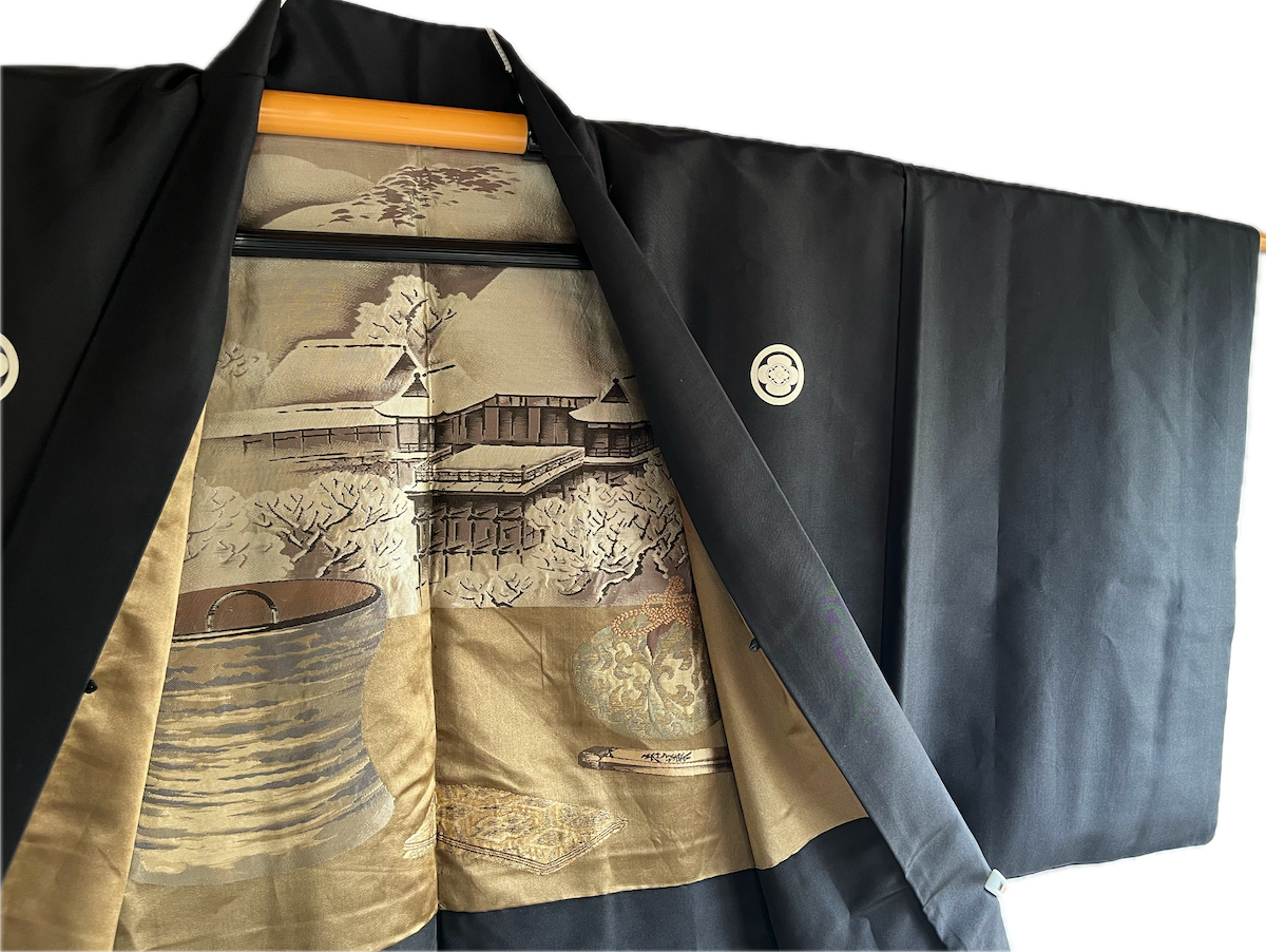 Haori japonais homme soie noire Mokkou Montsuki Temple Kyomizudera Kyoto