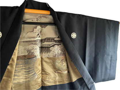 Haori japonais homme soie noire Mokkou Montsuki Temple Kyomizudera Kyoto