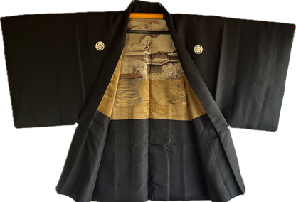 Haori japonais homme soie noire Mokkou Montsuki Temple Kyomizudera Kyoto