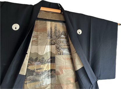 Haori Japonais Homme Soie Noire Dakimyōga Montsuki Temples Ginkaku-ji & Kinkaku-ji, Kyoto