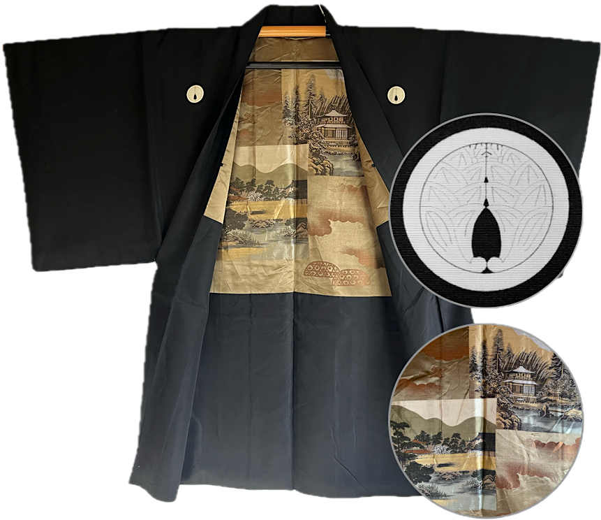 Haori Japonais Homme Soie Noire Dakimyōga Montsuki Temples Ginkaku-ji & Kinkaku-ji, Kyoto