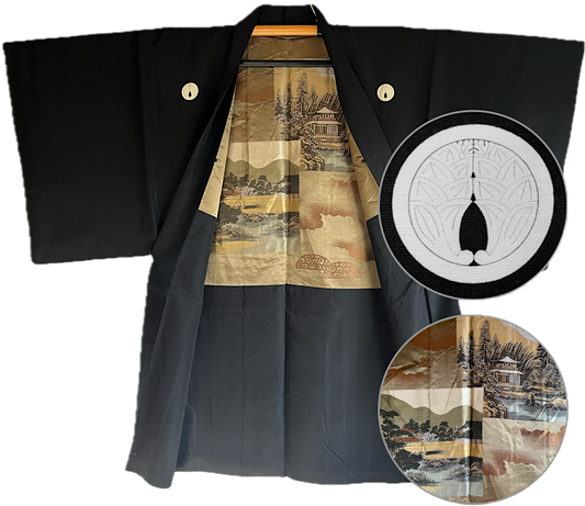 Haori Japonais Homme Soie Noire Dakimyōga Montsuki Temples Ginkaku-ji & Kinkaku-ji, Kyoto