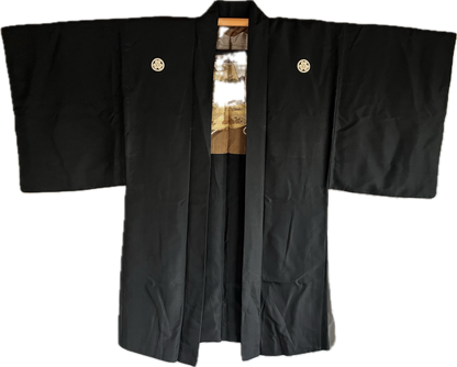Haori Japonais Homme Soie Noire Katabami Montsuki Kiyomizudera & Château de Himeji