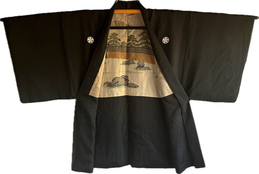 Haori japonais homme Soie noire Umebachi Montsuki  jardin zen du temple Ryōan-ji Kyoto