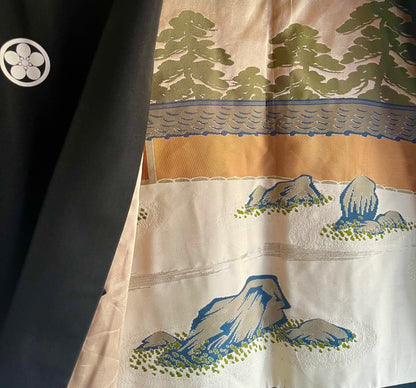 Haori japonais homme Soie noire Umebachi Montsuki  jardin zen du temple Ryōan-ji Kyoto